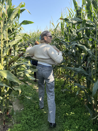 Girl walking through a tall cornfield, wearing a cream-colored sweater, jeans, and a blue woven belt, under a clear blue sky